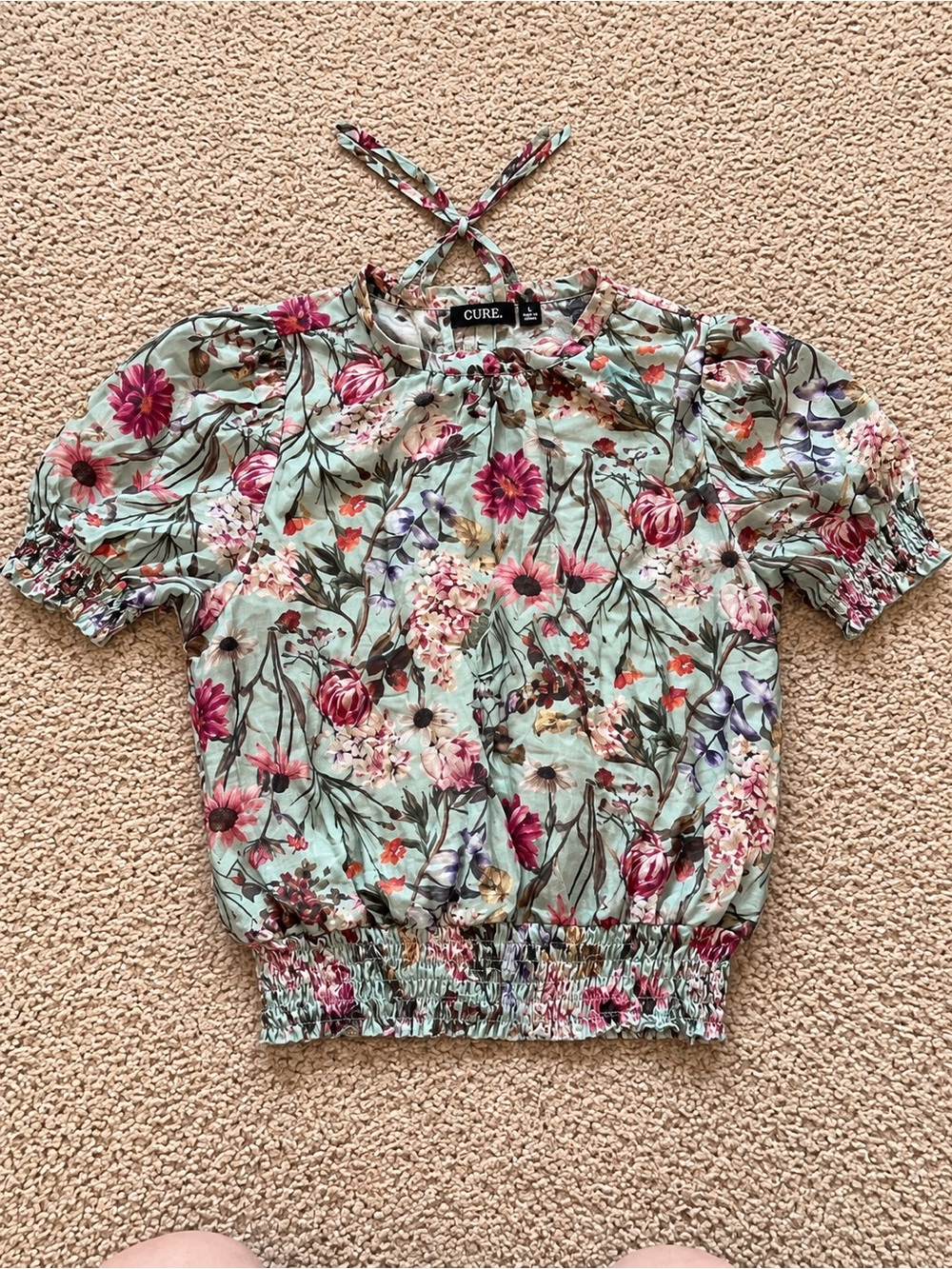 Cure Mint Floral Puff Sleeve Smocked Waist Blouse